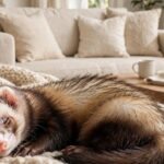 A ferret resting on a blanket in a bright living room.