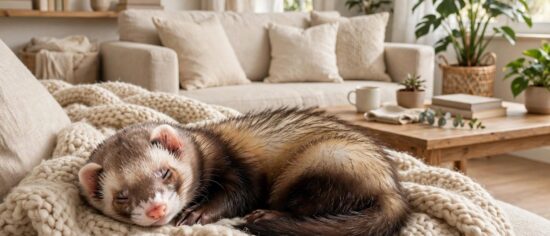 A ferret resting on a blanket in a bright living room.
