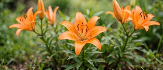 Orange Asiatic lilies blooming in a garden bed