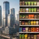Manhattan financial district towers and packaged food brands on supermarket shelves representing Bill Ackman of Pershing Square and Miguel Patricio of Kraft Heinz