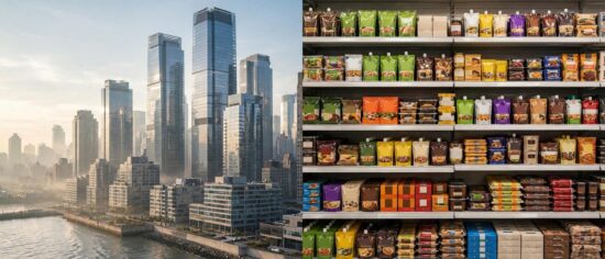 Manhattan financial district towers and packaged food brands on supermarket shelves representing Bill Ackman of Pershing Square and Miguel Patricio of Kraft Heinz