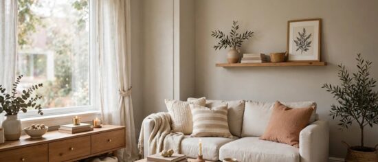 A living room wall painted in warm greige BM Edgecomb Gray with white trim and wood furniture