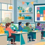 Illustration of students playing browser games on classroom computers for Classroom 15x