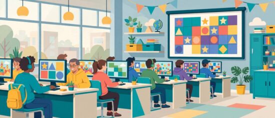 Illustration of students playing browser games on classroom computers for Classroom 15x