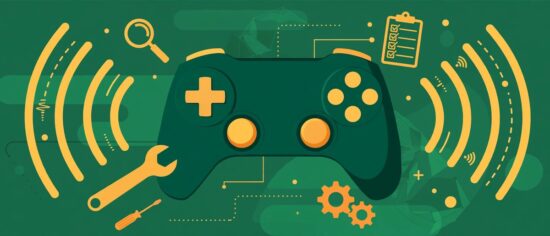 Illustration of a wireless gamepad with Bluetooth connection symbols for connectivity issues HSSGamepad