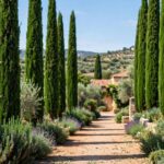 Italian cypress trees lining a garden path with tall narrow columns
