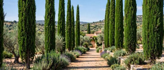 Italian cypress trees lining a garden path with tall narrow columns