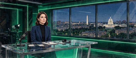 Dee Dee Gatton, weekend anchor of The National News Desk, in a television news studio