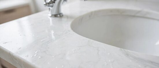 A white cultured marble bathroom vanity top with an integrated sink and chrome faucet