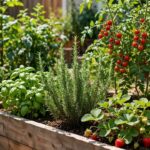 Raised garden beds with herbs, leafy greens and cherry tomatoes growing at home