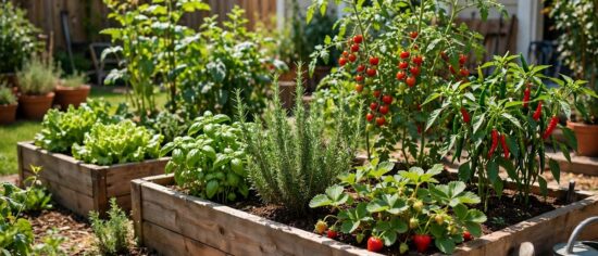 Raised garden beds with herbs, leafy greens and cherry tomatoes growing at home