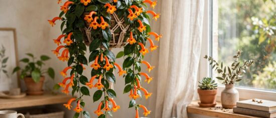 Goldfish plant varieties with orange blooms trailing from a hanging basket