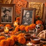 Orange marigolds (cempasúchil) on a Day of the Dead ofrenda with candles and photos