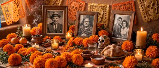 Orange marigolds (cempasúchil) on a Day of the Dead ofrenda with candles and photos