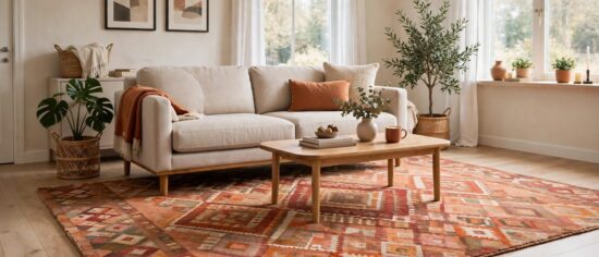 A living room with a large area rug under the sofa and coffee table, sized to fit the seating area