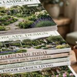 A stack of garden and landscaping magazines on a table