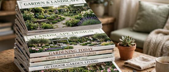 A stack of garden and landscaping magazines on a table