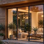 A modern luxury garden room with floor-to-ceiling glass doors and warm wood cladding in a landscaped garden