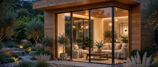 A modern luxury garden room with floor-to-ceiling glass doors and warm wood cladding in a landscaped garden