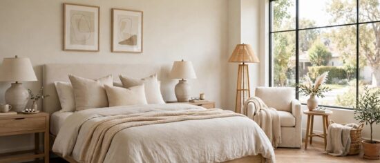 Bright master suite bedroom with a large bed, bedside tables and a reading corner by the window