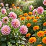 Colorful Mexican flowers including dahlias and marigolds in a sunny garden