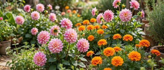 Colorful Mexican flowers including dahlias and marigolds in a sunny garden