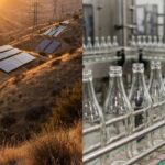 California power transmission towers and solar panels with soda bottles on a bottling line representing Pedro Pizarro and James Quincey