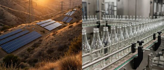 California power transmission towers and solar panels with soda bottles on a bottling line representing Pedro Pizarro and James Quincey