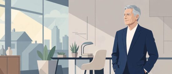 Illustration of Lazard CEO Peter Orszag with short silver-gray hair in a finance office