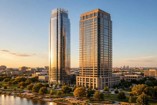 Corporate headquarters towers representing the companies led by Phebe Novakovic and Brian Moynihan