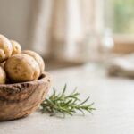 Wooden bowl of fresh potatoes on a kitchen counter.