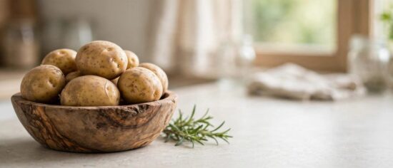 Wooden bowl of fresh potatoes on a kitchen counter.