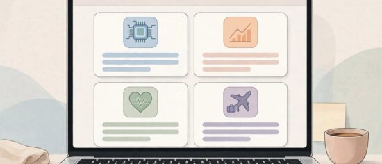 Illustration of the Quikconsole.com blog showing articles across tech, finance and lifestyle