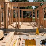 A new home under construction with wooden framing in a residential neighborhood.