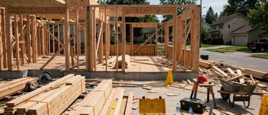 A new home under construction with wooden framing in a residential neighborhood.