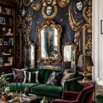 A stylish period living room with bold wallpaper and eclectic art in a London home