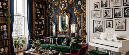 A stylish period living room with bold wallpaper and eclectic art in a London home
