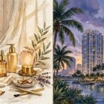 Selena Gomez and Jeff Greene — beauty brand studio beside Florida apartment towers at dusk