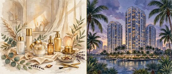 Selena Gomez and Jeff Greene — beauty brand studio beside Florida apartment towers at dusk