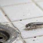 A silverfish insect on a bathroom tile near a drain.