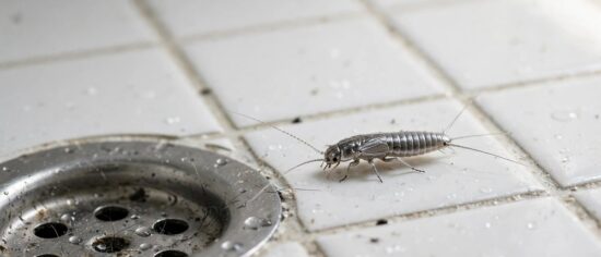 A silverfish insect on a bathroom tile near a drain.