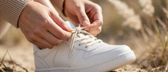 Spell Tieing or Tying: a person tying shoelaces, showing the correct spelling tying