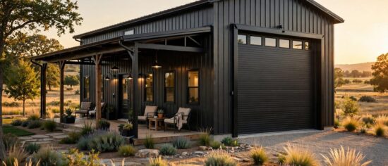 A modern steel barndominium exterior with a large shop bay and covered porch.