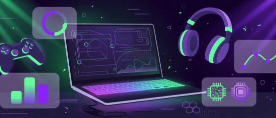 Illustration of a gaming laptop with performance charts from TheLaptopAdviser expert gaming coverage