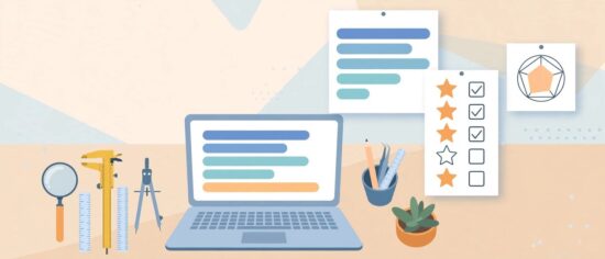 Illustration of a laptop review workspace with test charts and a checklist for TheLaptopAdviser expert reviews