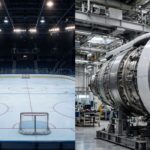 Ice hockey rink under arena lights and a jet engine in an aerospace factory representing Wayne Gretzky and Larry Culp
