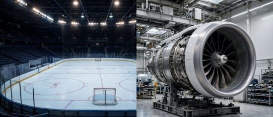 Ice hockey rink under arena lights and a jet engine in an aerospace factory representing Wayne Gretzky and Larry Culp