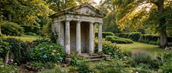 A stone garden folly in the shape of a small temple standing among trees in a landscaped garden
