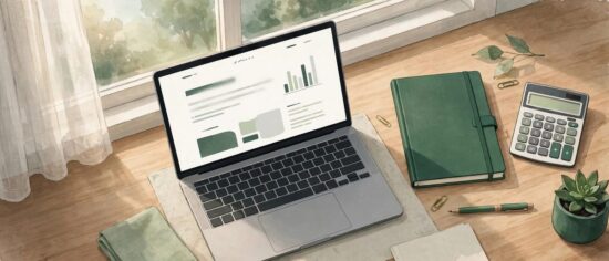 www.disquantified.org personal finance blog open on a laptop with notebook and calculator